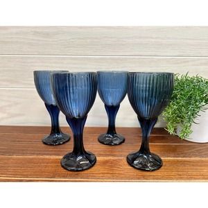 Set of 4 Fostoria Monet Dusky Blue Wine Goblets / Wine Glasses